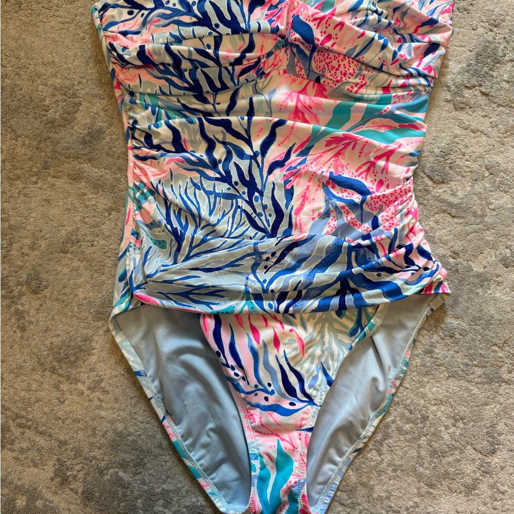 Lilly Pulitzer Flamenco One Piece SWIMSUIT Blue Tint Kaleidoscope Coral